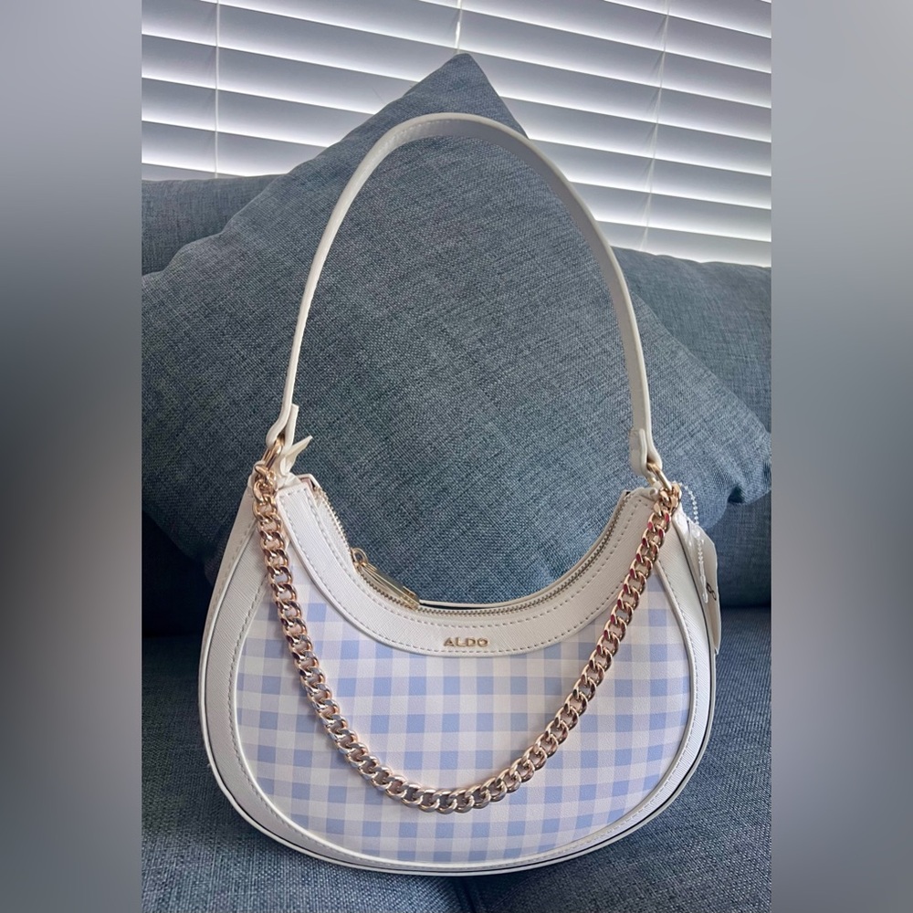 Aldo White and Light Blue Gingham Shoulder Bag with Gold Chain
